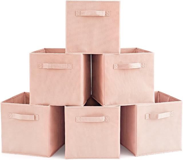 EZOWare Set of 6 Foldable Cube Storage Box, Organiser Basket Containers with Handles, for Home Office Nursery Organisation, 26.7 x 26.7 x 27.8 cm - Pale Dogwood