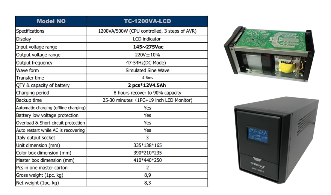 Gruppo di Continuità Ups TECNO® 1200VA 700W 3 Uscite Tripolare e Schuko