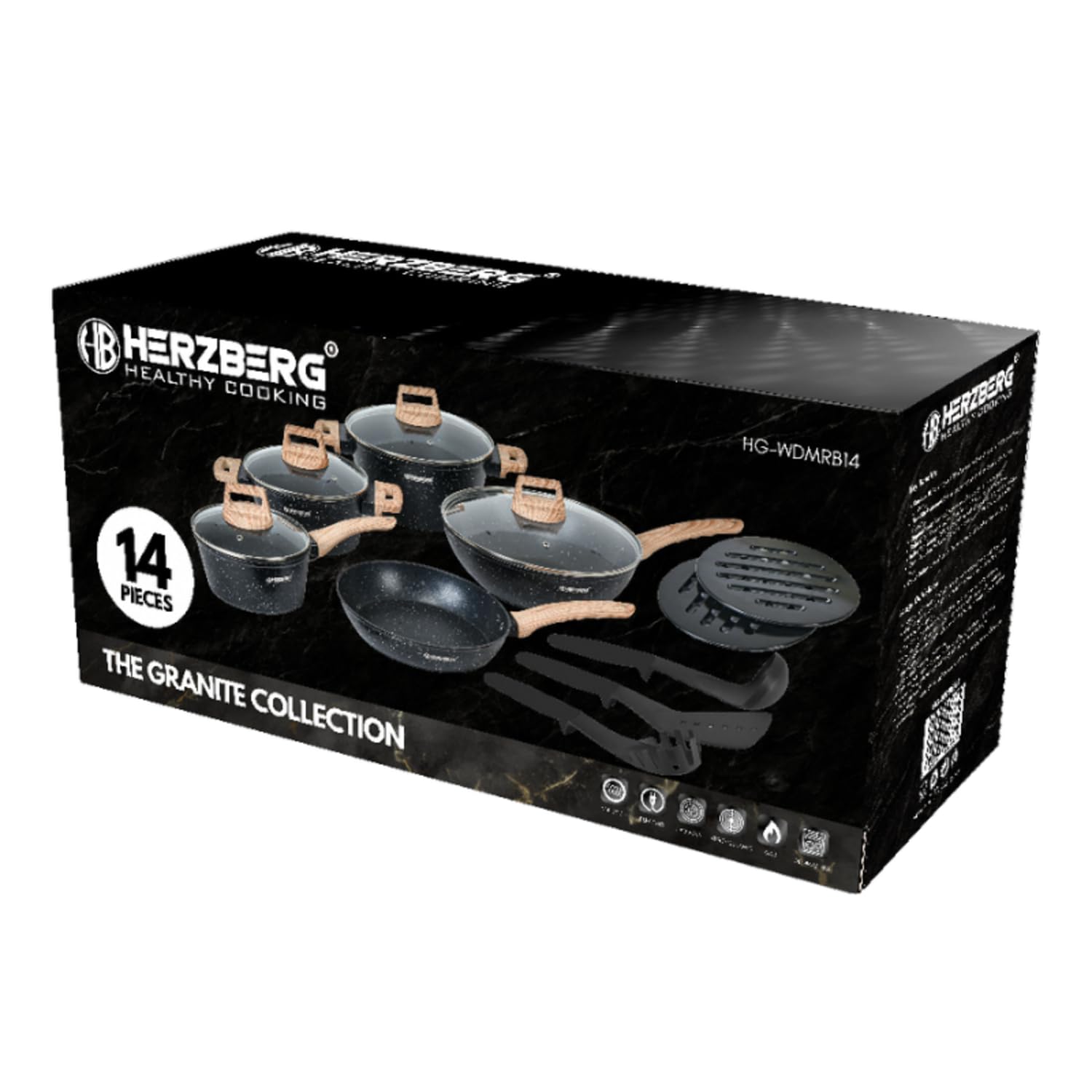 Herzberg - Batería de Cocina 14 Piezas, Revestimiento Granito, Aluminio Forjado, Mangos de Madera, Compatible Inducción, Tapas de Vidrio, Utensilios Incluidos, Negro