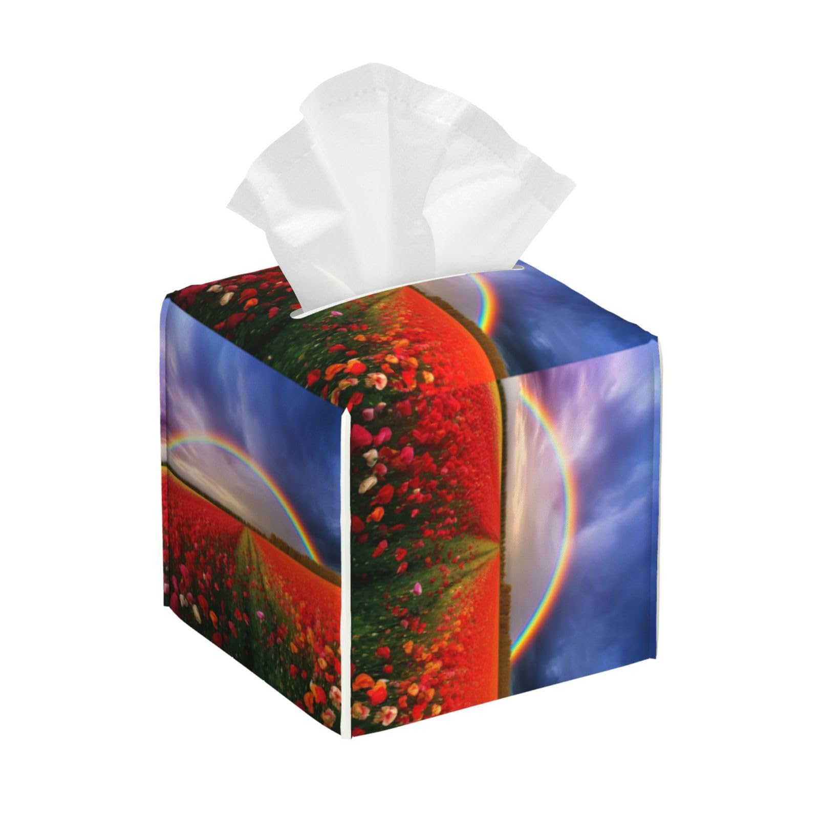 Rainbow Sky Red Flower Field Tissue Box Cover Square Cube Boxes