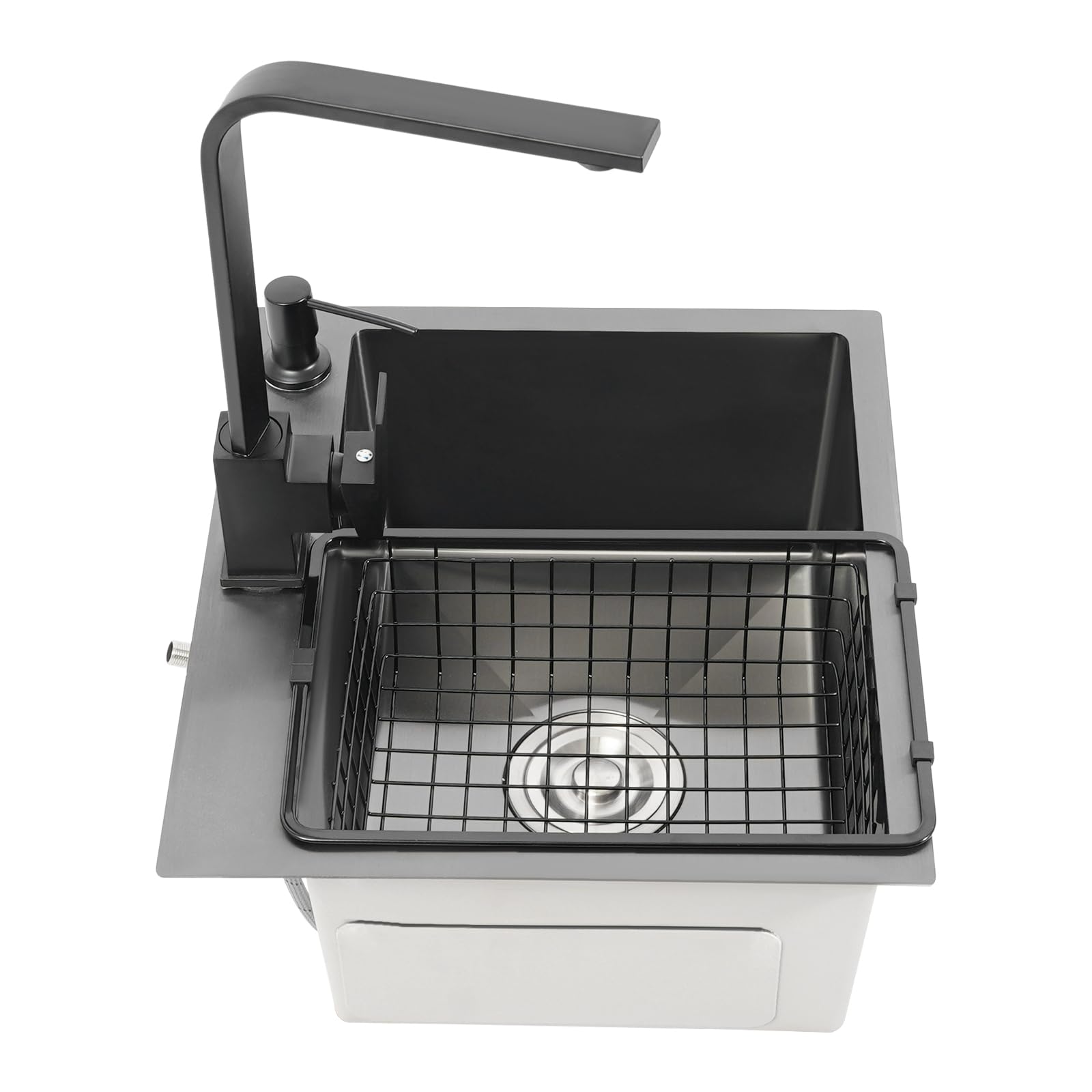 Negro 40 x 45 cm, fregadero de cocina de acero inoxidable 201, rectangular, moderno fregadero de acero inoxidable, fregadero de cocina con grifo de agua caliente y fría, dispensador de jabón