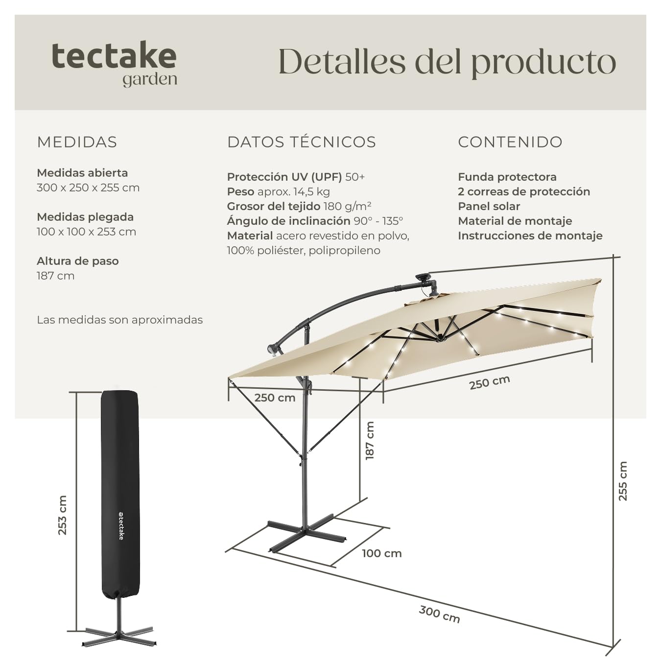 TecTake® Sombrilla Terraza Exterior con Iluminación Solar LED, Sombrilla Playa con Manivela Manual e Inclinación Ajustable, Sombrilla Jardín, Parasol Terraza, Ø250cm, con Funda Protectora