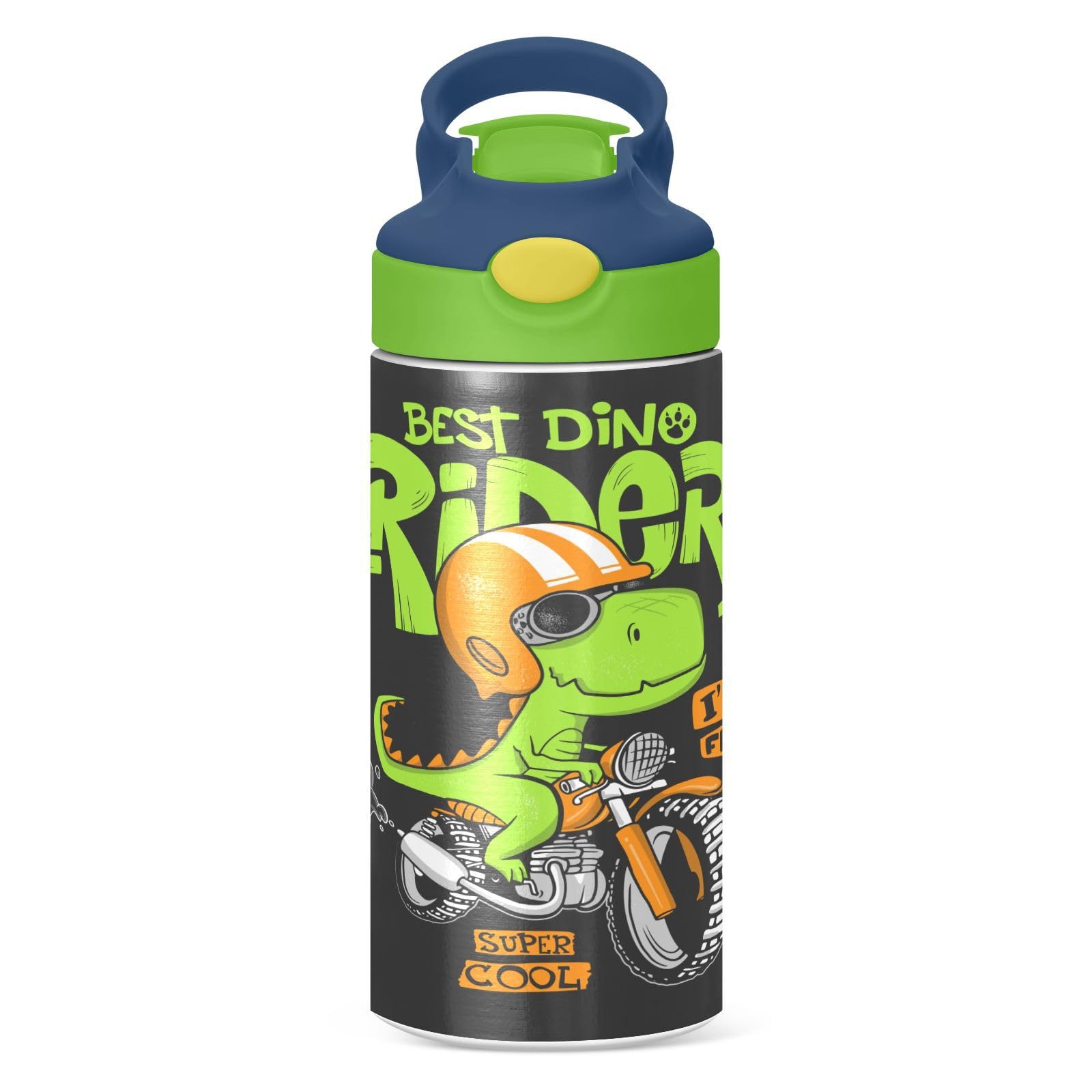 Cool Dinosaur Rider Kids Water Bottle with Straw and Carry Handle Dragon Vacuum Insulated Stainless Steel Bottles Leak-Proof for Boys Girls Toddler 12 oz Green Lid