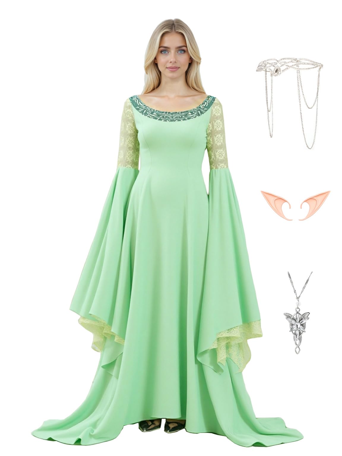 Arwen - Costume da regina da donna, con copricapo, per Halloween, cosplay, medievale, rinascimentale