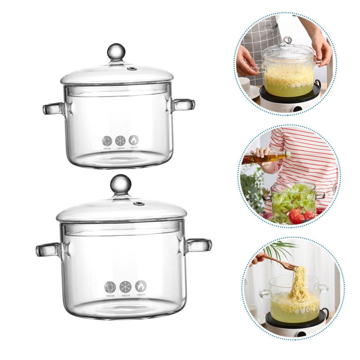 2 Stück Glas Kochtopf mit Doppelgriff Transparenter Glastopf für Herd 1350ml und 1500ml Mikrowellengeeignet für Cerankochfeld für Haushalt