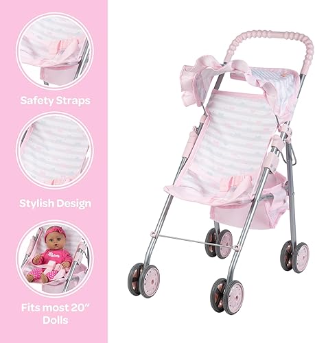 Miniatura 2 de Adora Cochecito de muñeca de bebé con sombra de paraguas y ribete de volantes, cubierta solar ajustable y almacenamiento de accesorios para muñecas,