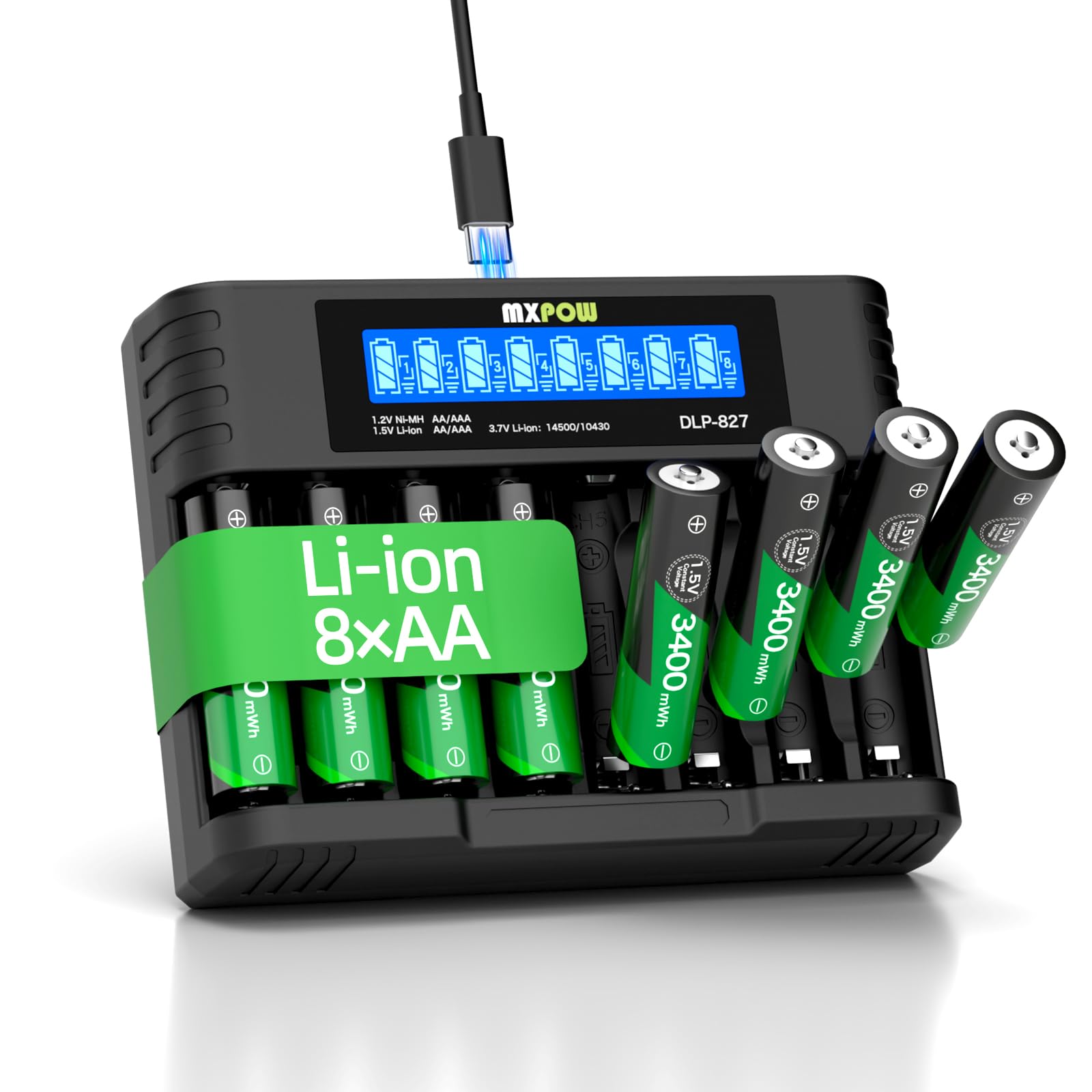 Pilas Recargables AAA/AA de Litio 1,5V con Cargador LCD (8, AA3400mWh)