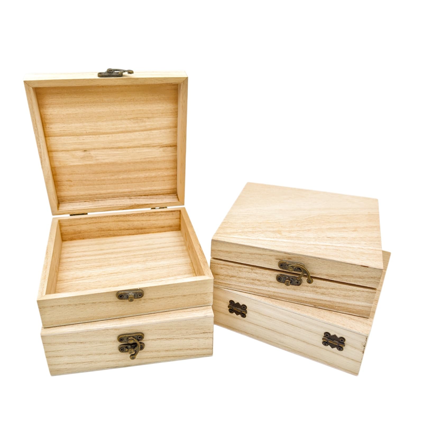 Anktily 4 Pack Unfinished Wooden Boxes, 15 x 15 x 5 cm Rustic Small Wood Box with Locking Clasp DIY Craft Storage Organizer Box for Home Table Decoration — image 1