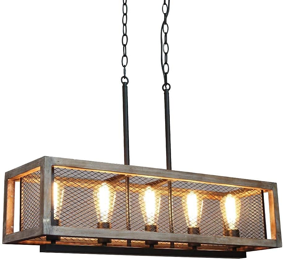 Holiday Deals 🛒 TABLIGHT Rectangle Birch Wood Metal with 5-Lights Internal Grid Wire Design Pendant Lamp Light Antique Design Ceiling Lamp Linear Chandeliers