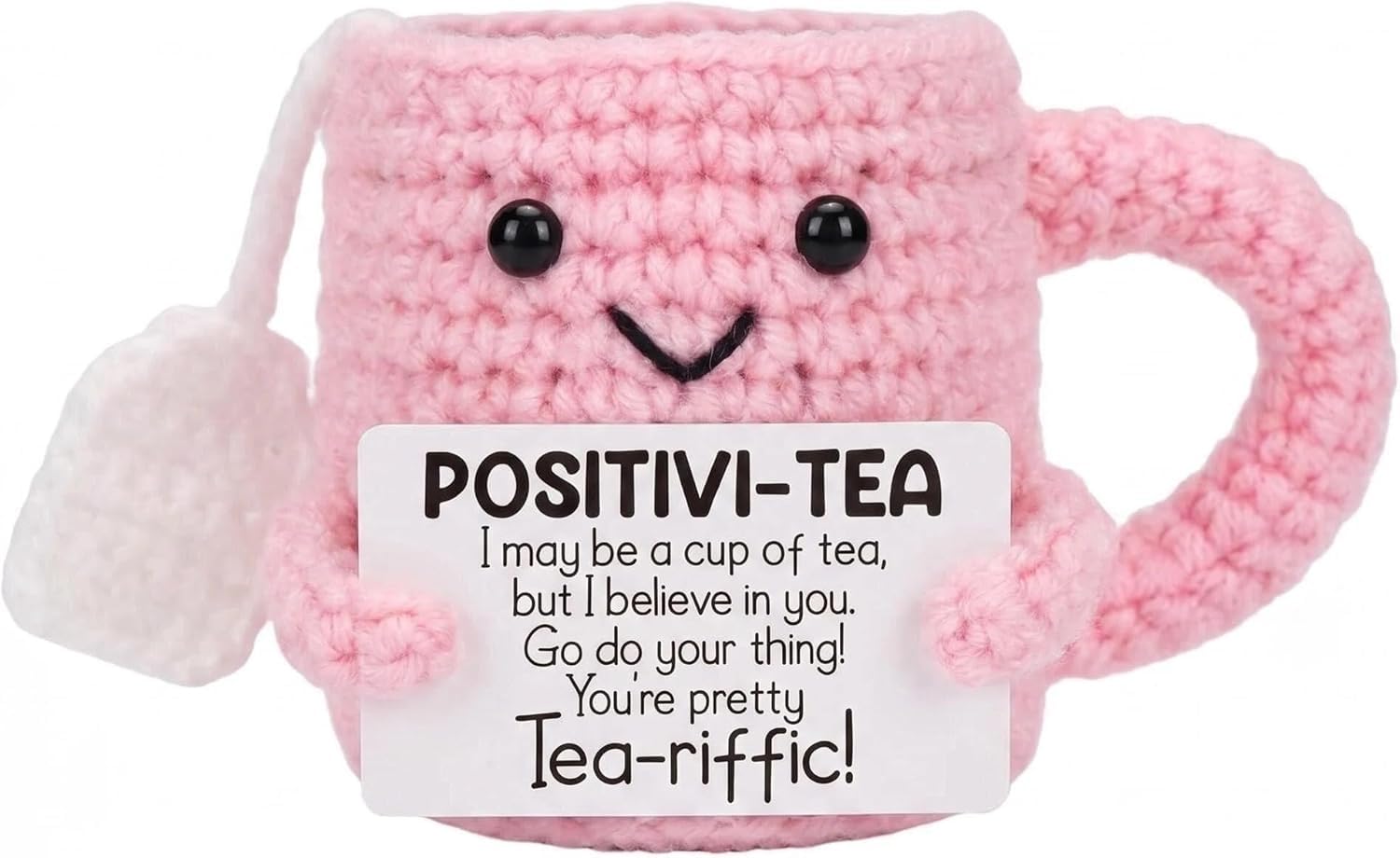Huefrifo Positive Crochet Animals Emotional Support Crochet Pink Cup with Card, Handmade Encouragement Good Luck Gifts for Women Girls Friends, Well Done Gifts Party Decoration