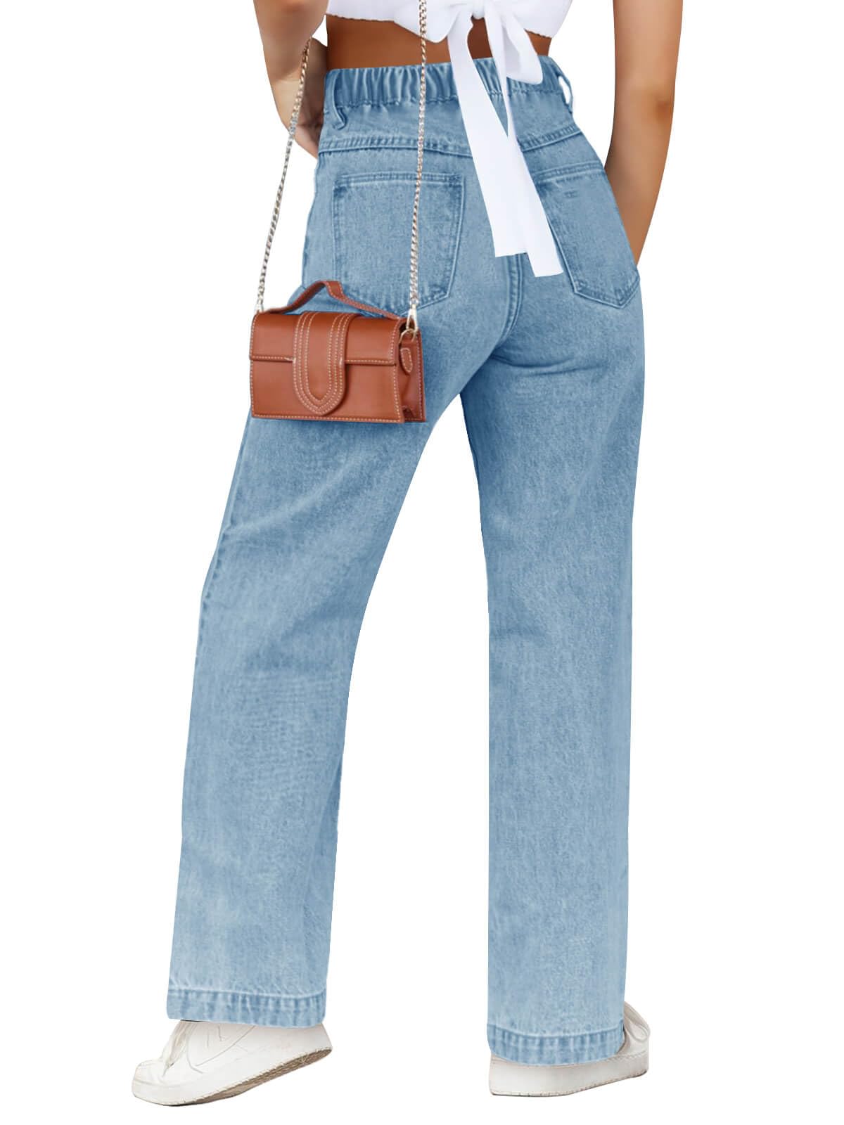 Haloumoning Mädchen-Jeans mit elastischer Taille, gerades Bein, Deminhose, leger, Stretch, lange Hose mit Taschen, 5–14 Jahre