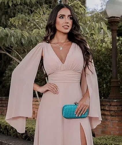 Miniatura 3 de Leeskoot Vestidos de dama de honor rojos de manga larga para mujer, para boda, vestido de noche plisado de gasa larga con abertura 2023