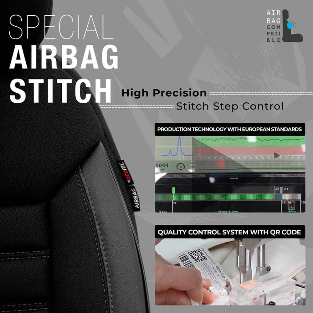 otoM Housse de sièges en textile/cuir 'Limited' Noir + Surpiqûres gris | 11-pièces - universel - adapté aux Side-Airbags