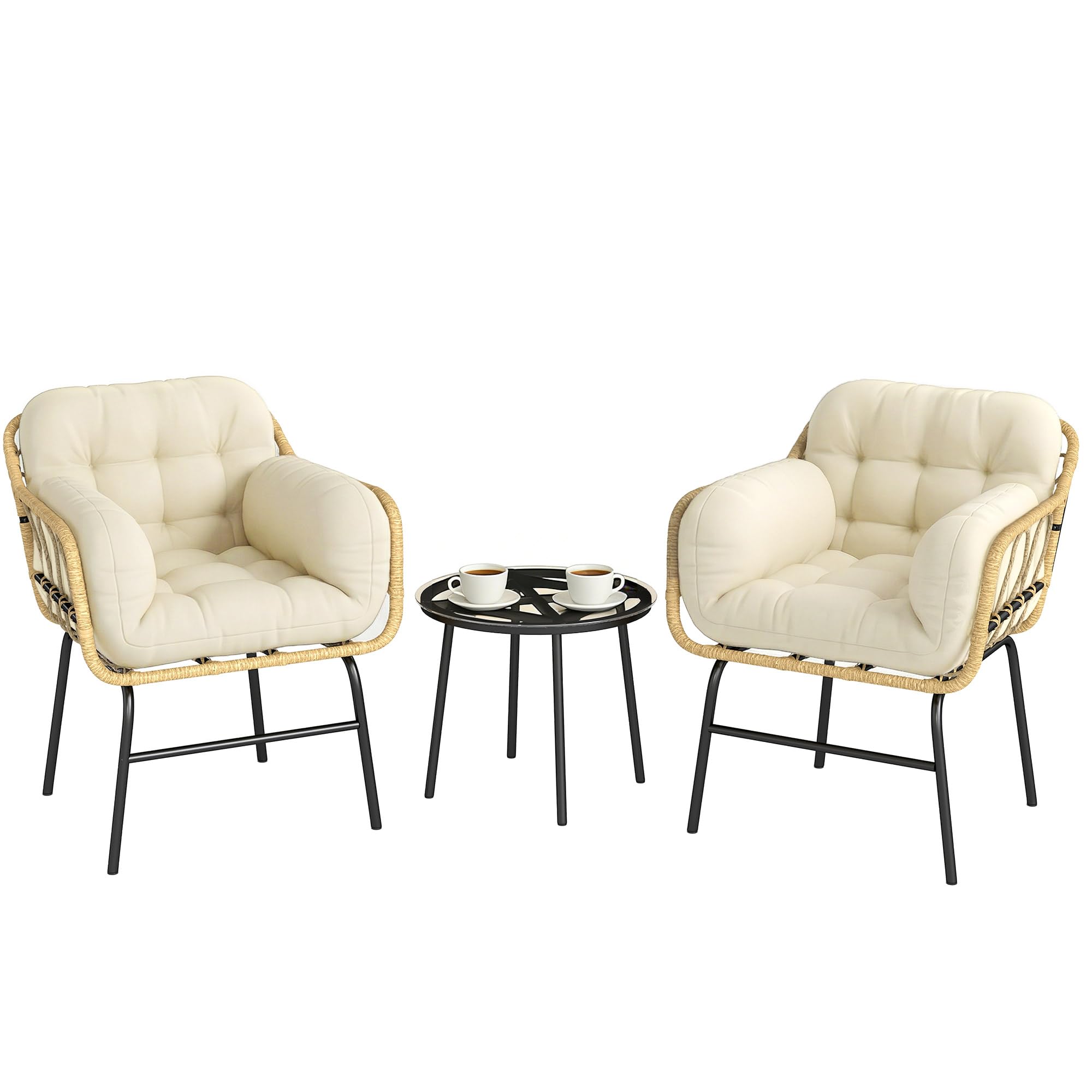 Outsunny Salon de Jardin Extérieur 3 Pièces en Résine Tressée avec 2 Fauteuils et 2 Coussins, Table Basse en Verre Trempé, Mobilier de Jardin pour Terrasse Balcon Patio, Kaki