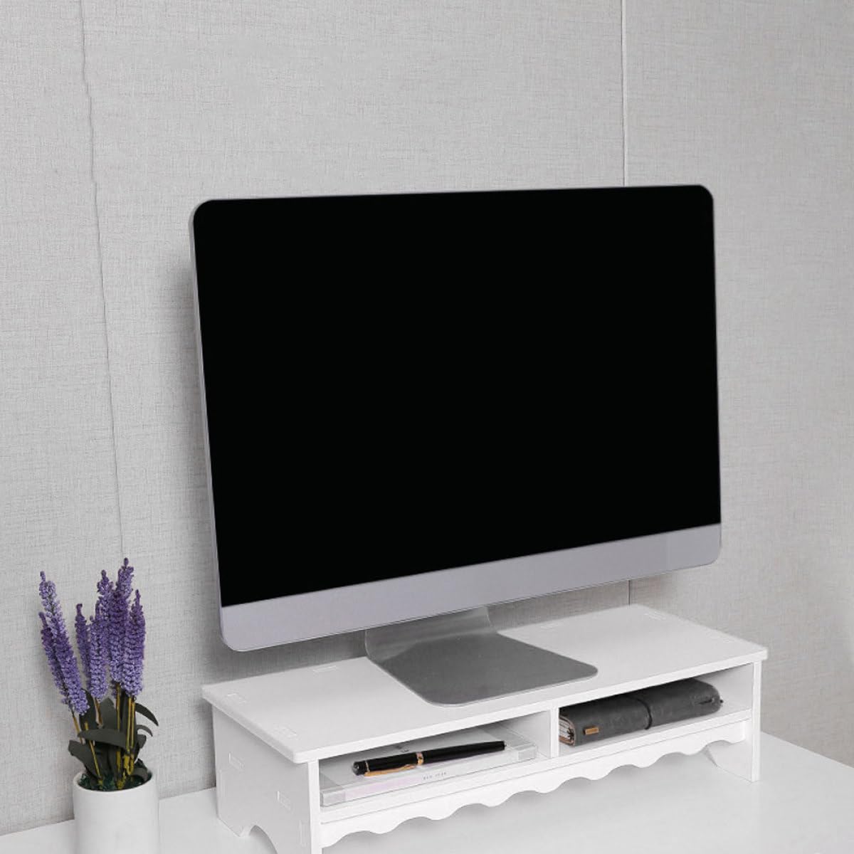 Support de Bureau Blanc en PVC Composite avec Base Surélevée pour Ordinateur Portable et Écran Grand Espace de Rangement Bureau Organisé