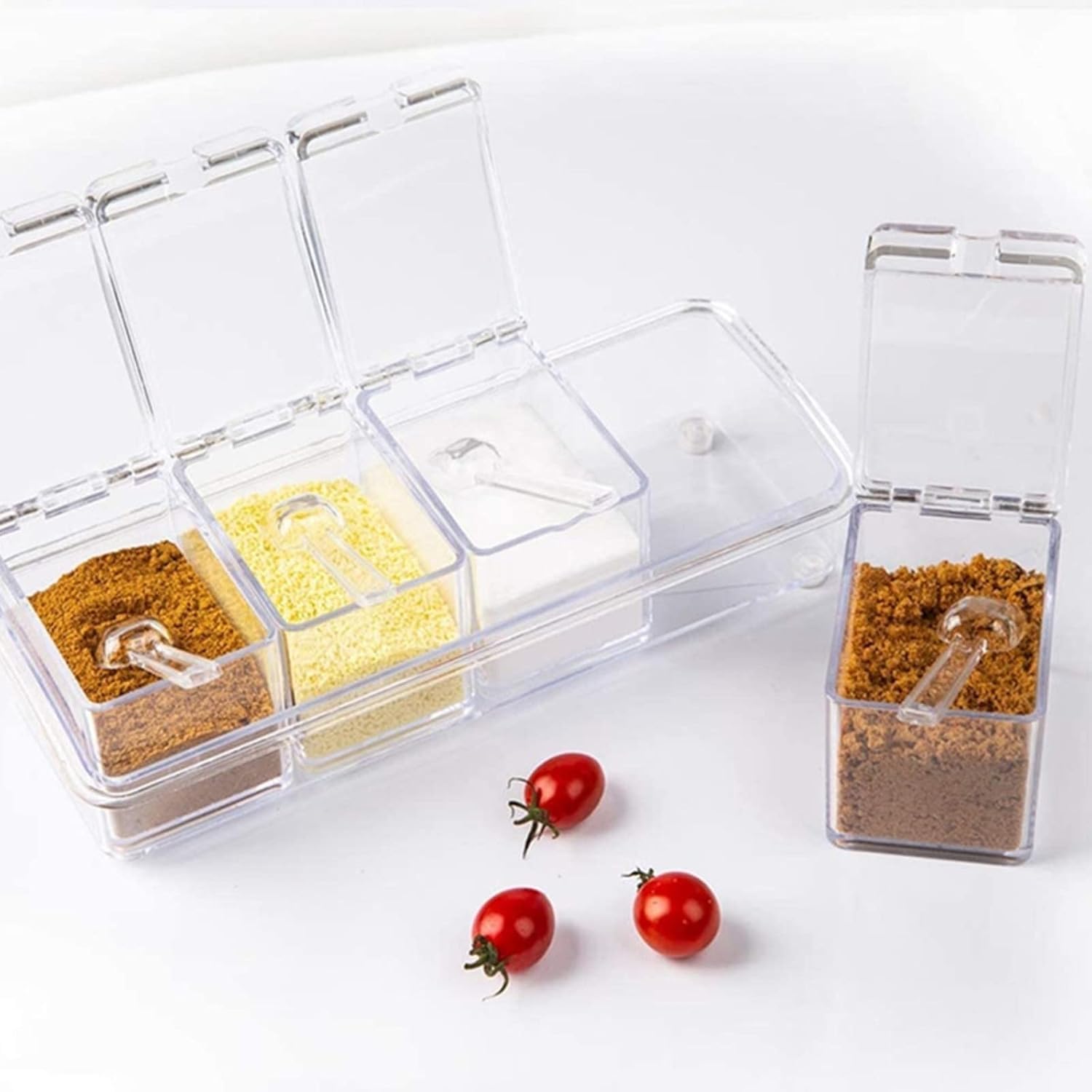Caja de condimentos transparente de 4 piezas, vinagre con tapa y cuchara, condimentos para azúcar, sal, pimienta y otras especias 4