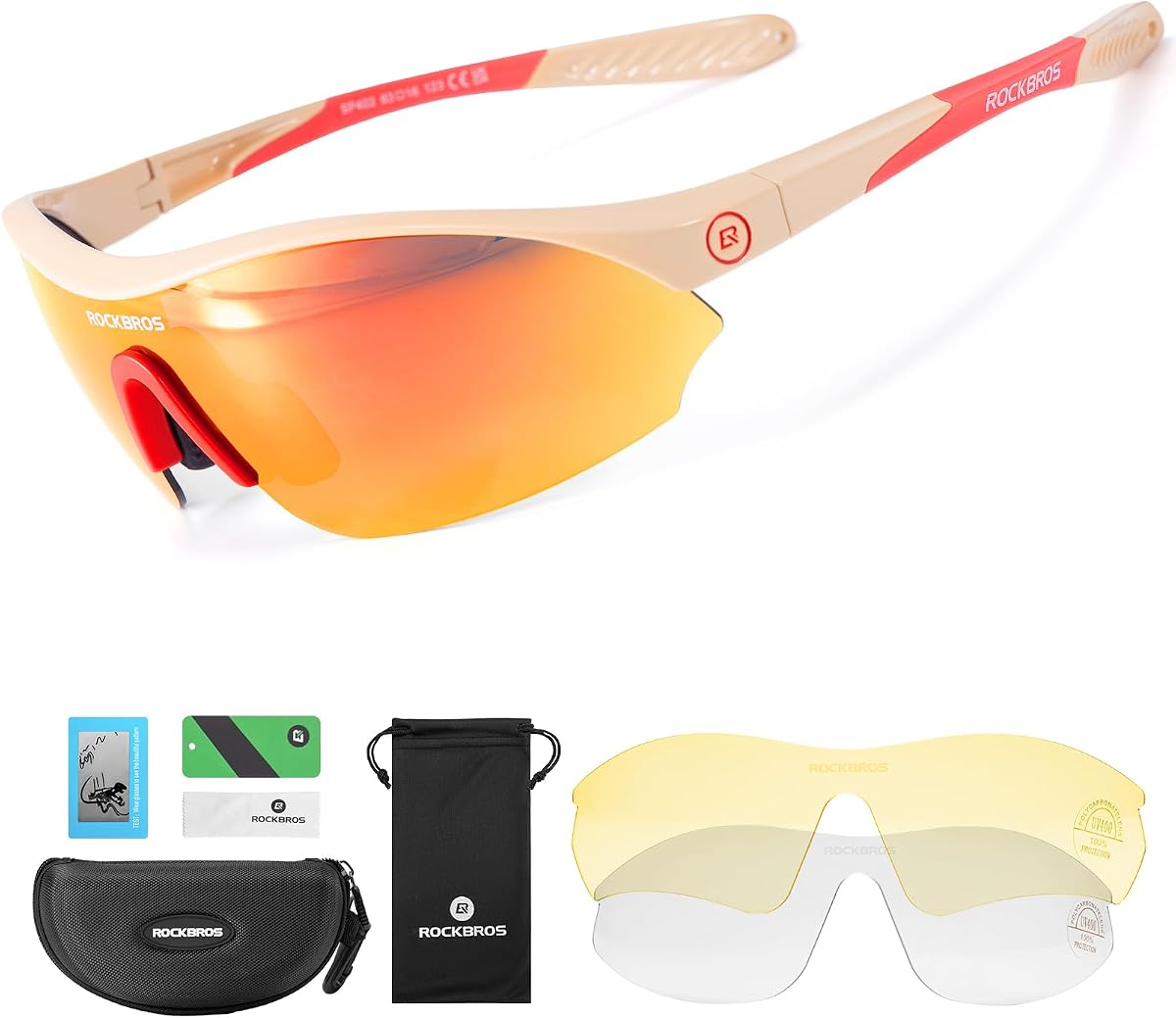 ROCKBROS Polarized Cycling Sunglasses with 3 Interchangeable Lenses | Polarized Sports Glasses with 3 Lenses, UV Protection and Lightweight TR90 Frame for Cycling, Running, Fishing and Outdoor