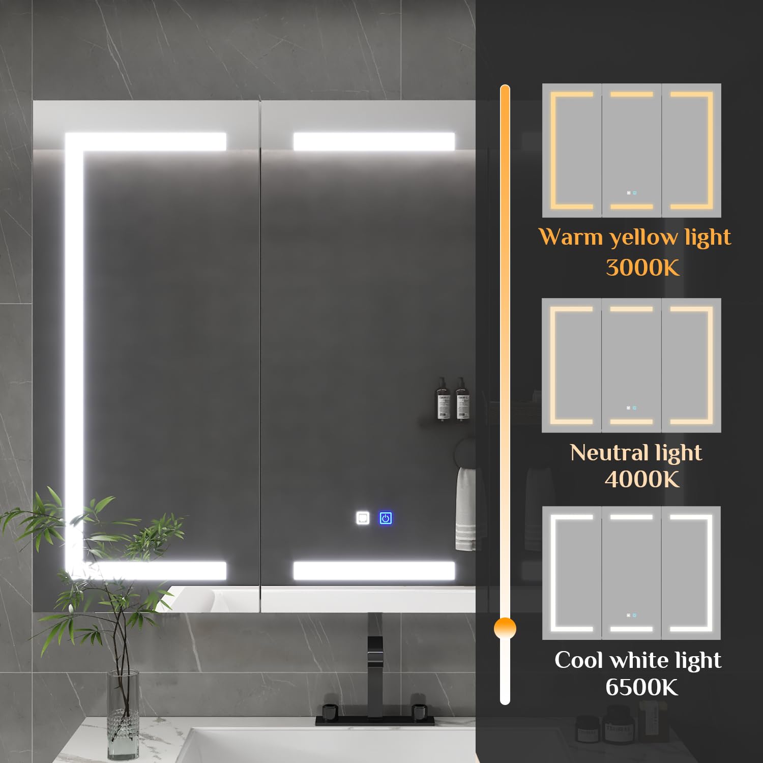 Armario de Baño con Espejo LED, Mueble Espejo de 3 Puertas con Luz, Interruptor Táctil y Estantes, 120 x 15 x 90 cm