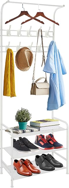 Gunolye Metal Coat Rack Standm,Multi Function Entryway Organiser,Free Standing Clothes Stand with Removable 16 Hooks and 3-Tier Shoe Stand,Ideal for Hall, Bathroom, Living Room, Hallway (White)