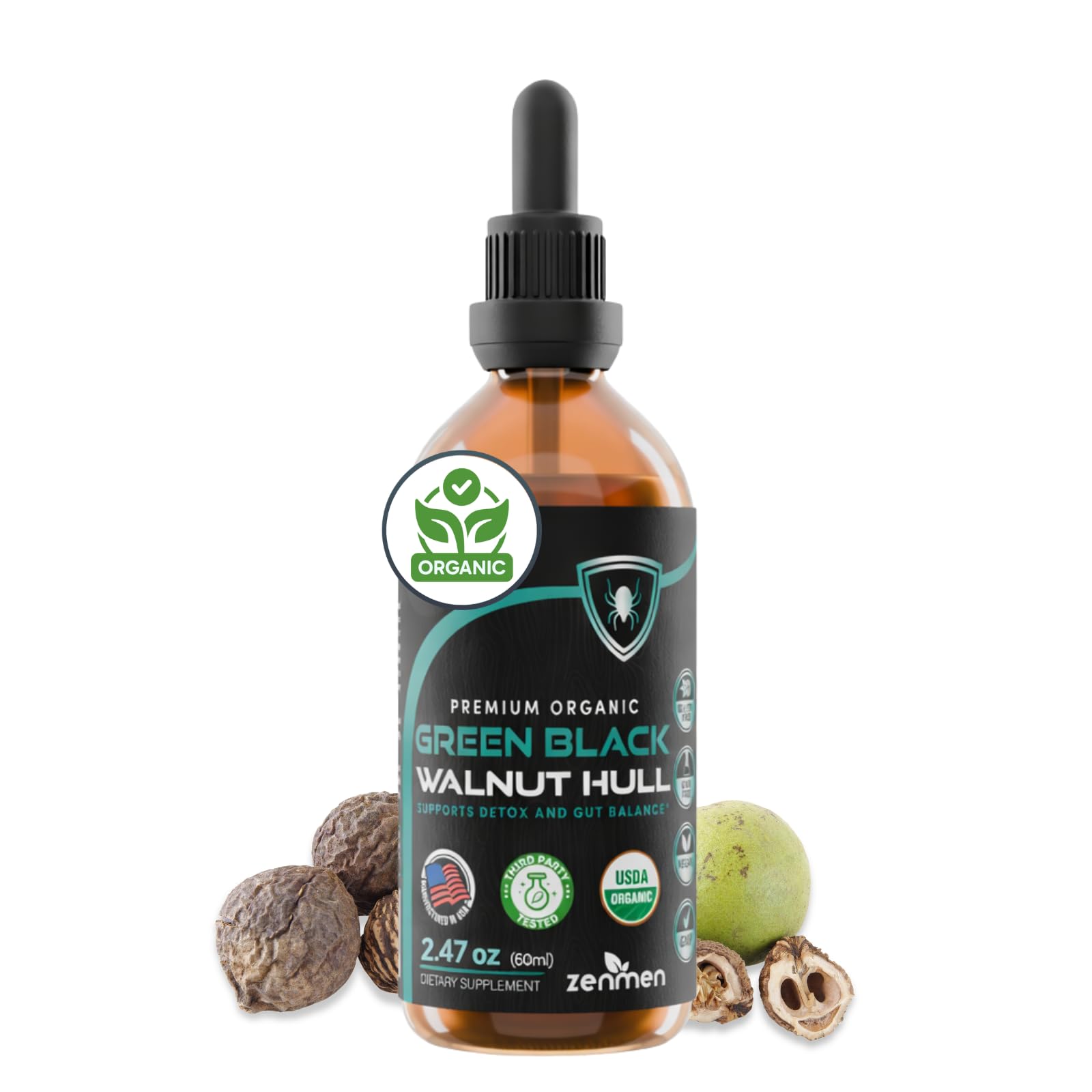 Zenmen - Organic Green Black Walnut Tincture, Immune Support & Antioxidant Source, 2.32oz/60ml, Ve