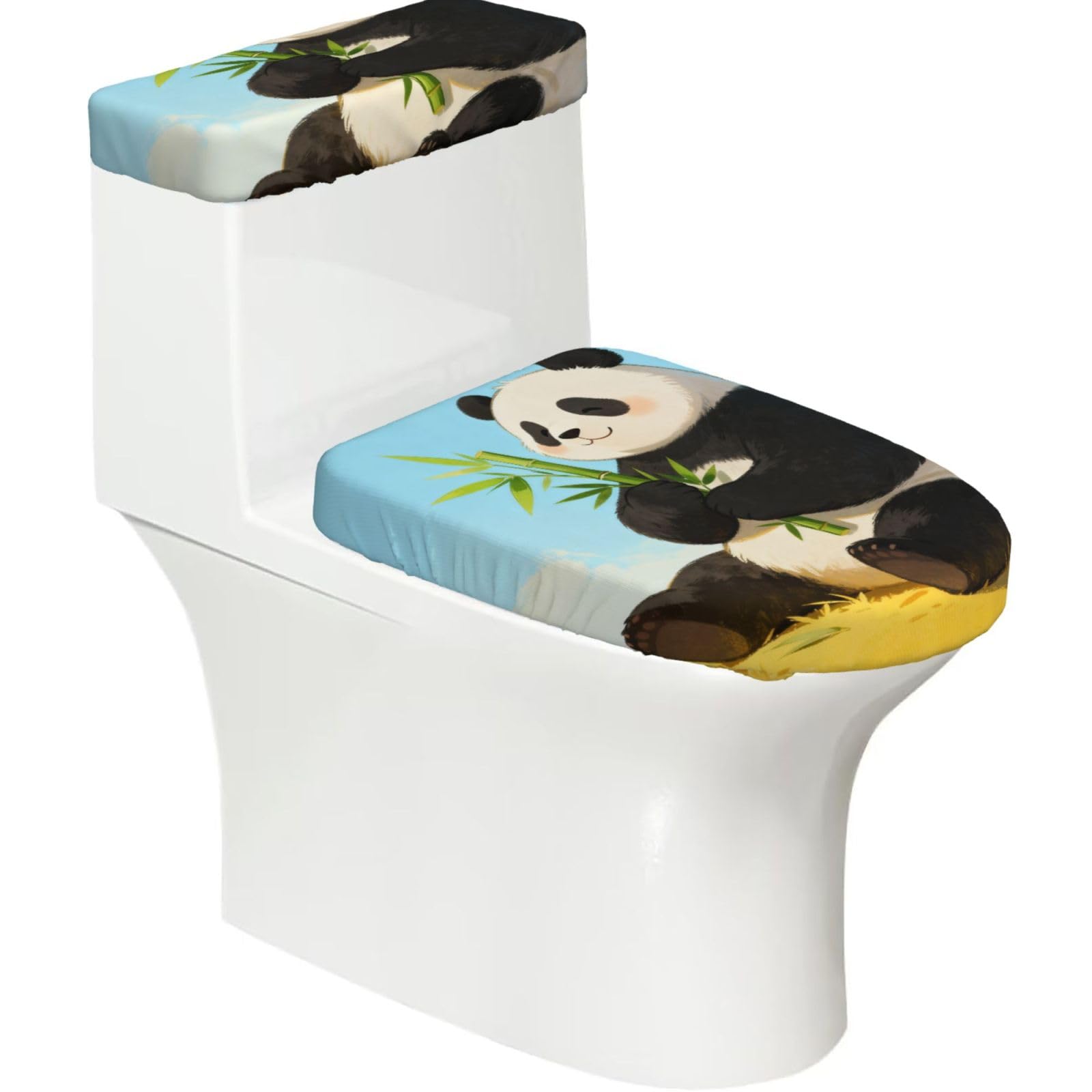 Panda Hold Bamboo Elastic Toilet Cover Set of 2-Stretchy Lid and Tank Covers for Bathroom, Soft Washable U Shape Toilet Decor