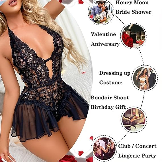 WBDWWTD Babydoll Sexy para Mujer, lencería traviesa de Encaje Floral, Body de Peluche con Escote en V Profundo, Ropa de Dormir de una Pieza sin Espalda, camisón Ahuecado, Falda de Malla, camisón de