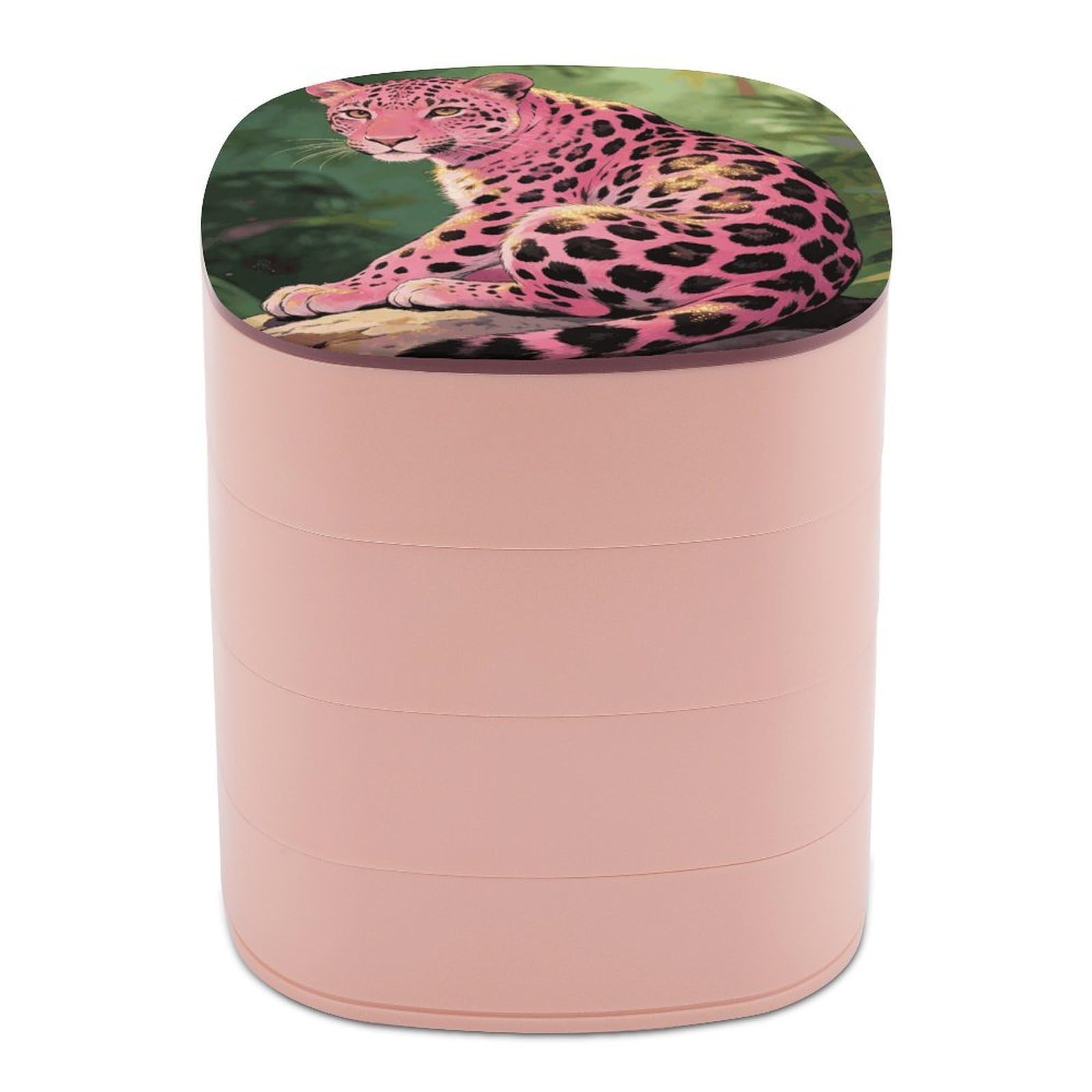 LZQPOEAS Liangguang Powder Leopard Jewelry Box Women Jewelry Organizer Travel Jewelry Case Cute Necklace Ring Storage Organizer 4-Layer Rotating Jewelry Tray Case with Mirror for Bracelets