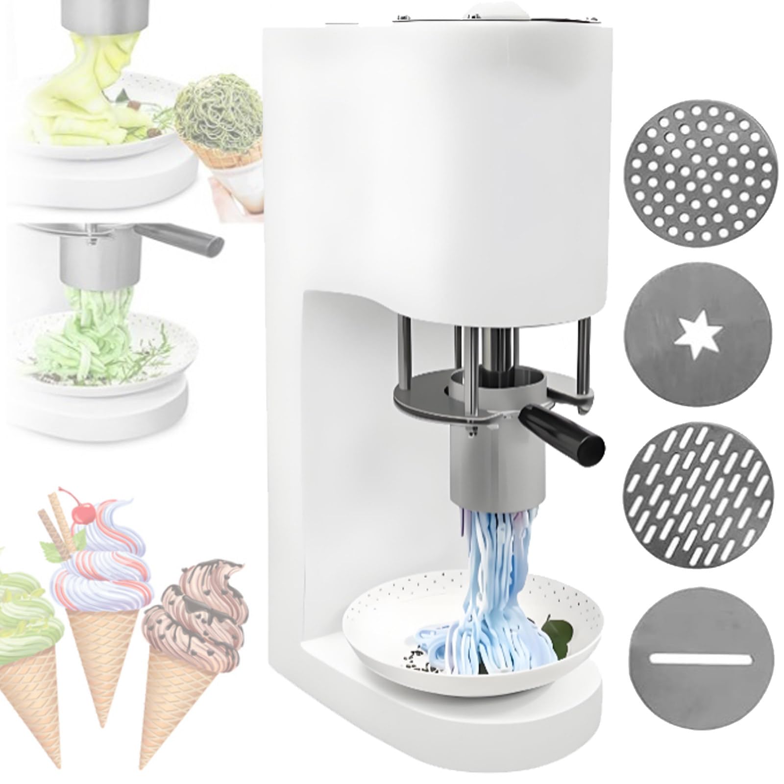Quixnova Commercial Spaghetti Ice Cream Machine – 80W Stainless Steel Ice Cream Press with 4 Noodle Molds – Professional Ice Cream Noodle Extruder for Dessert Buffets, Catering, and Events White