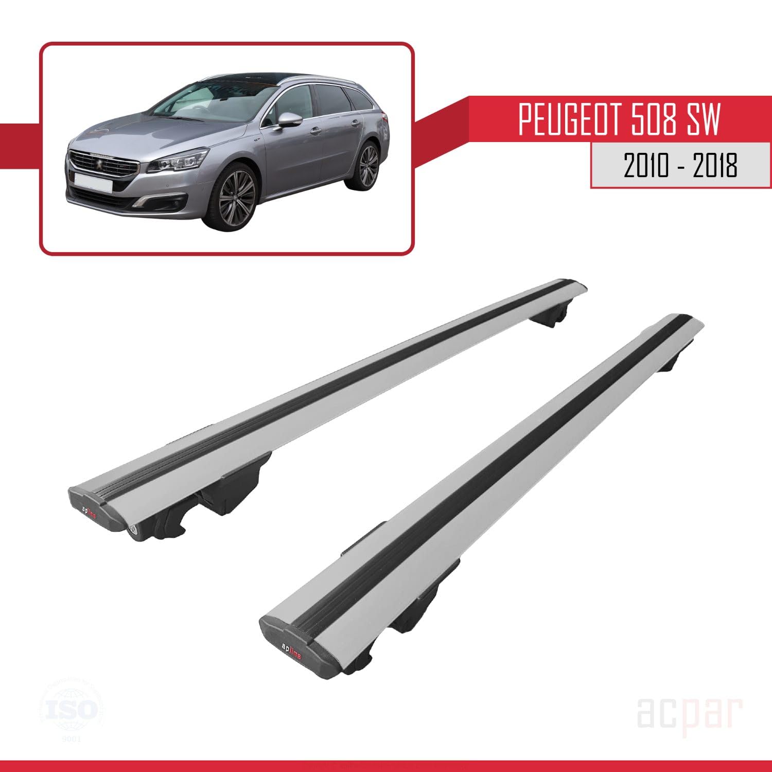 Compatible con Peugeot 508 SW 2010-2018 Modelo Hook Barra de Techo Auto Portaequipajes Barras Transversales Gris Aluminio 2 Barras