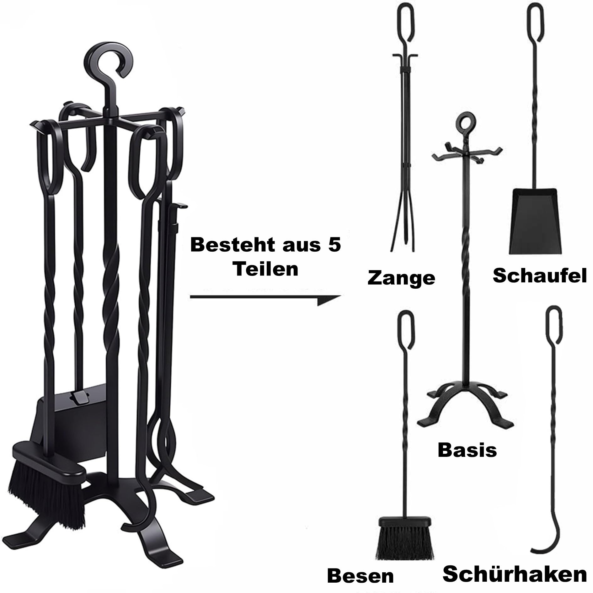 AMAGABELI 26"(66cm) 5-teilige Kaminbesteck Set Kamingarnitur mit Schmiedeeisen und Innenausstattung Kaminzubehör Kaminständer Feuerzange Schaufel Antikbürste Schornsteinschürhaken Schwarz