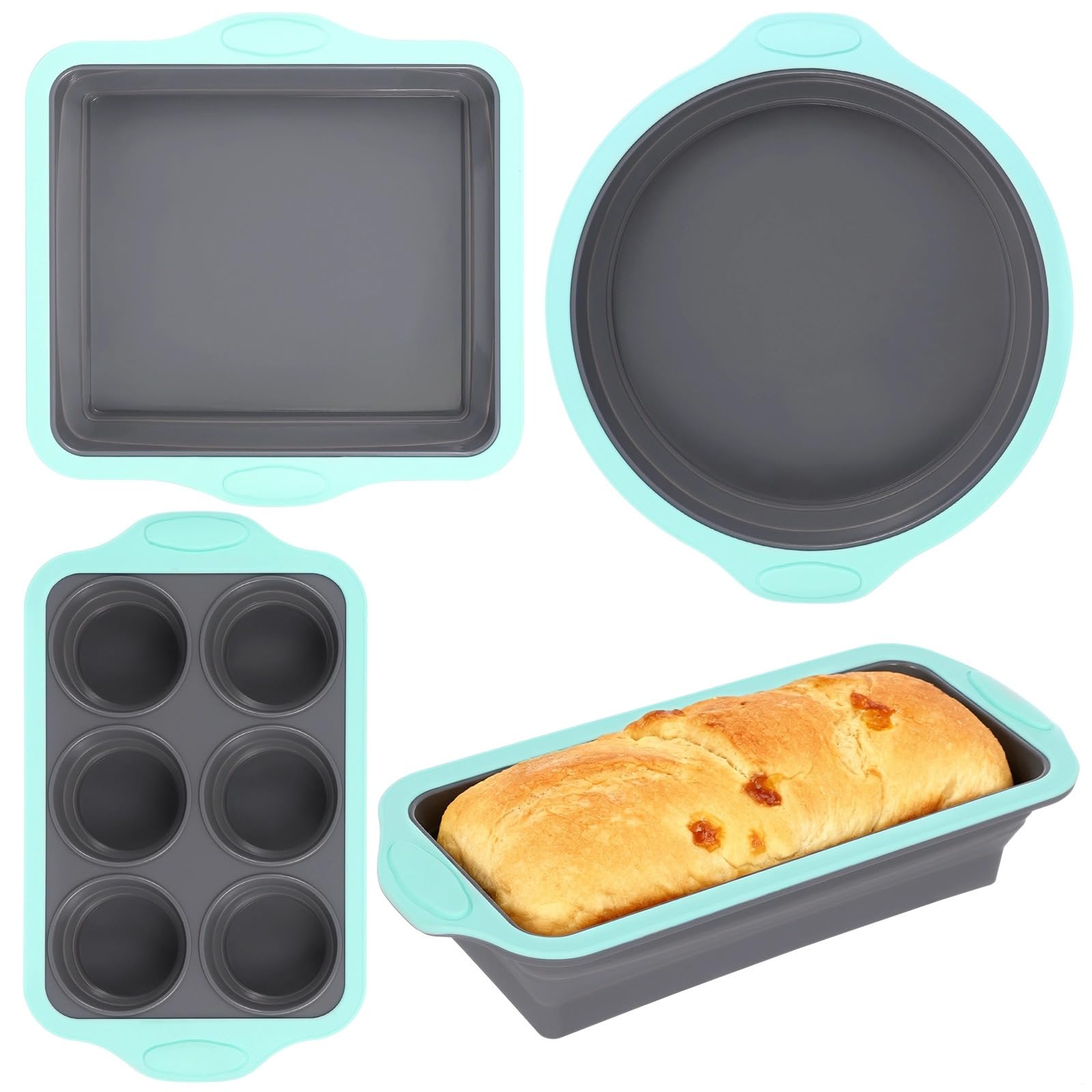 4 szt. nieprzywierających silikonowych naczyń do pieczenia, można układać w stos, z trwałymi uchwytami i metalową ramą, muffinką, bochenkiem, patelniami do ciasta