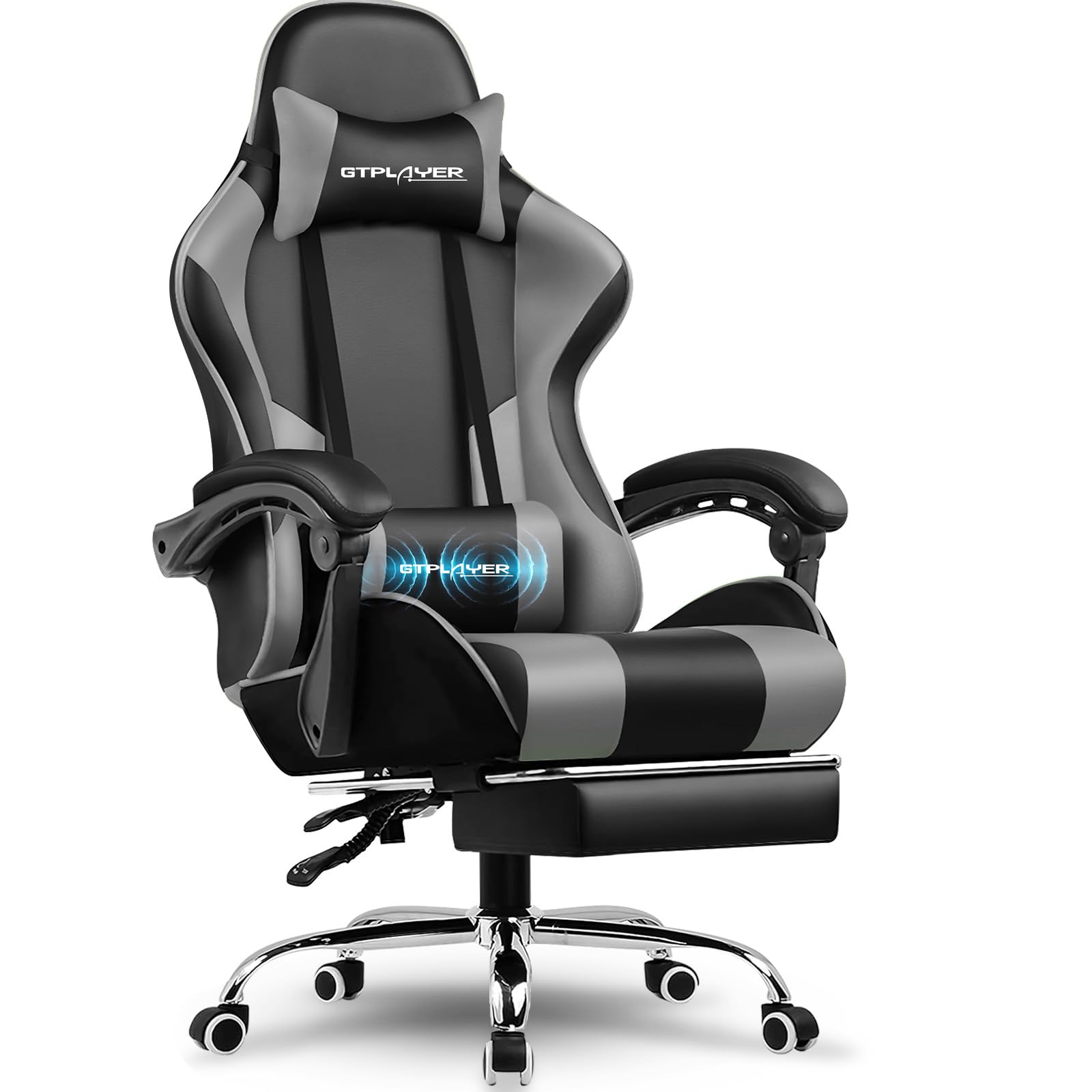GTPLAYER Gaming Chair, Office Chair, Ergonomic PC Chair, Gaming Chair with Massage End Spine Support, Task Chairs with Footrest and Headrest, Grey Faux Leather