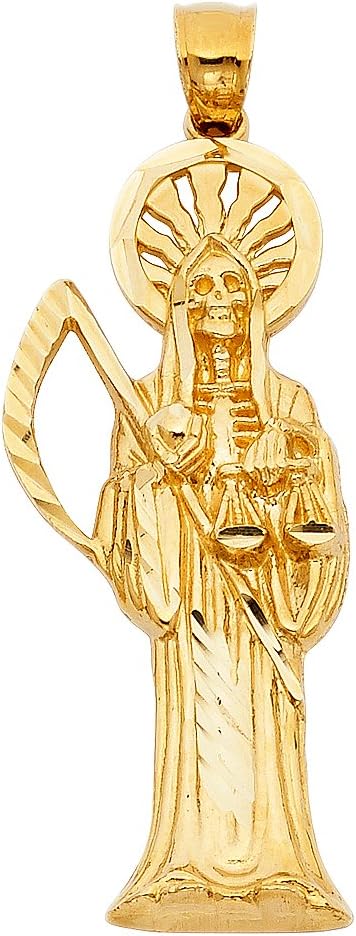 Solid 14K Yellow Gold Santa Muerte Pendant, Angel of Death Grim Reaper Charm - 3 Different Size.