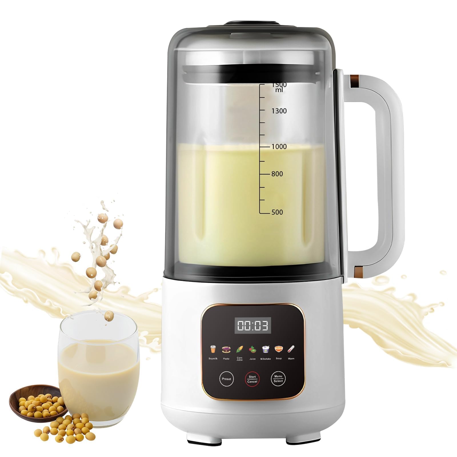 1.5L Sojamilch Maker Maschine, 7 in 1 Automatischer Nussmilchbereiter mit schalldichter Abdeckung, isoliertes Design, 16 Klingen für Sojamilch, Brei, Saft, 220V 50Hz