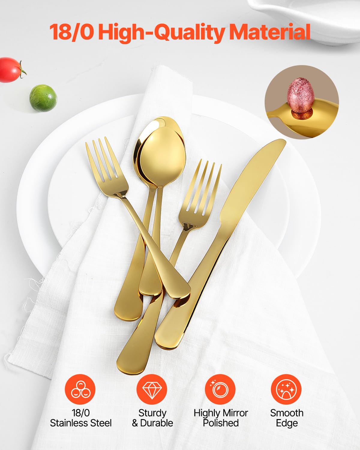 VEVOR Juego de Cubiertos de 60 Piezas, Acero Inoxidable de Grado Alimenticio para 12 Personas, con Acabado de Espejo, para la Cocina del Hogar, Incluye Cuchillo, Tenedor y Cuchara, Color Dorado