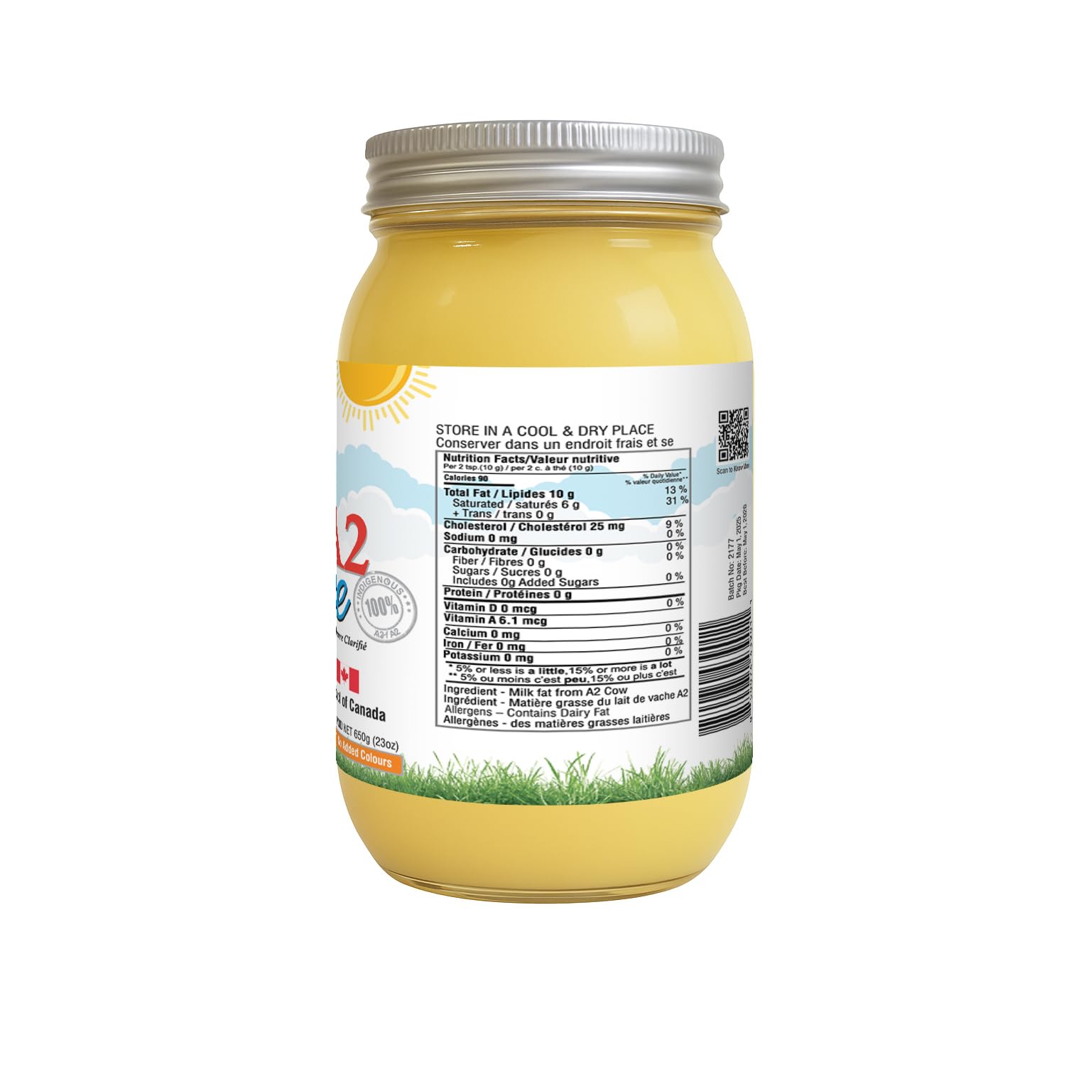 AgeScience Ghee Canadien A2 – Beurre clarifié frais de laiterie, sans lactose, en pot en verre – 650 g