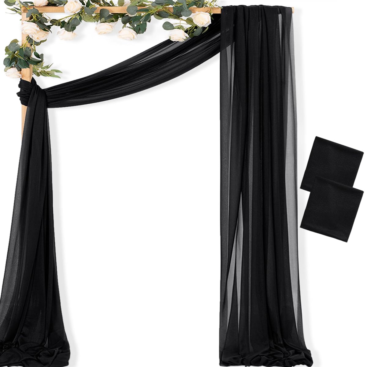 MLMC Black Wedding Arch Draping Fabric 2 Panels 29" x 20 FT Extra Long Gauze Drapes Sheer Backdrop Curtains 6.6 Yards Outdoor Drapery Panels for Wedding Ceremony Party Ceiling Decoration — image 1