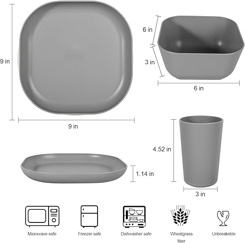 Miniatura 6 de afcevnlb Juego de vajilla cuadrada de paja de trigo de 24 piezas para 4, platos y cuencos irrompibles para acampar y fiestas (cuatro colores)