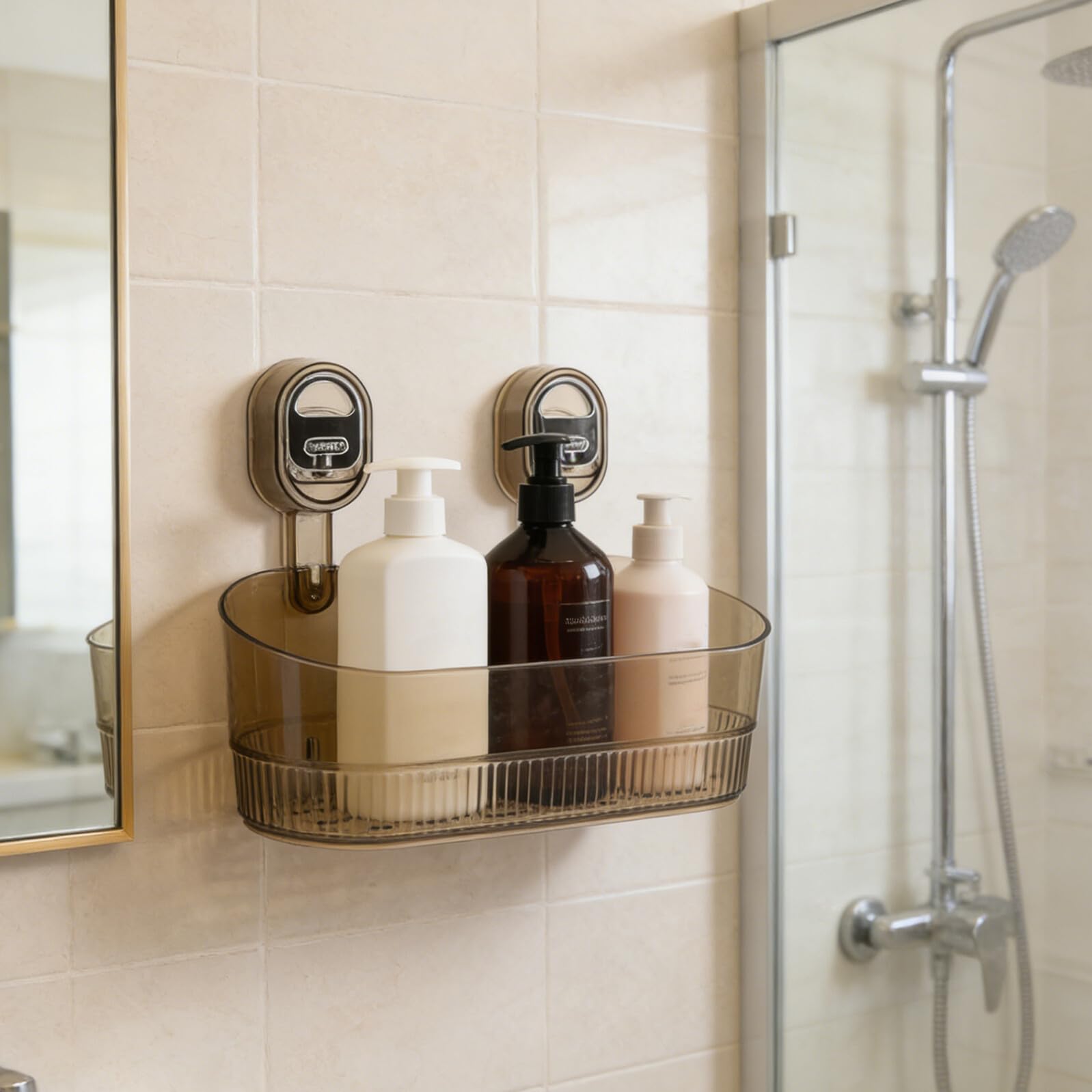 Ipetboom Mensola Portaoggetti a Ventosa senza Foratura 2 Pezzi, Supporto Doccia Regolabile Drenaggio Rapido in Acrilico Trasparente, Organizer Bagno per Shampoo, Rasoi e Accessori