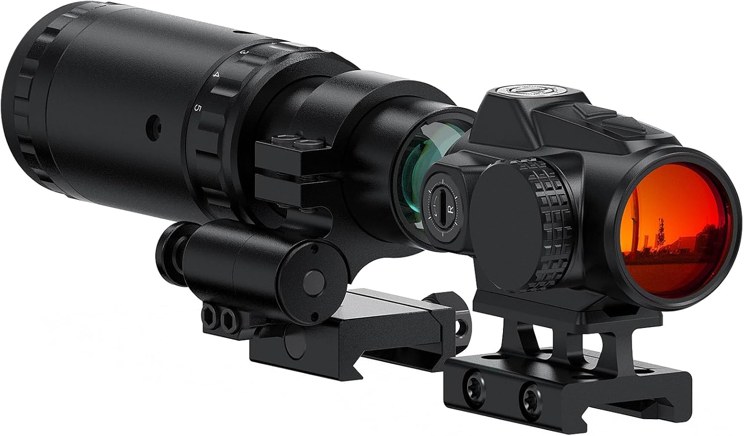 Feyachi V90 Viseur Point Rouge avec M57 1.5X - 5X Loupe Combo, 1 x 25mm Red Dot et Loupe Combo Monture Flip intégrée Absolute Co-Witness