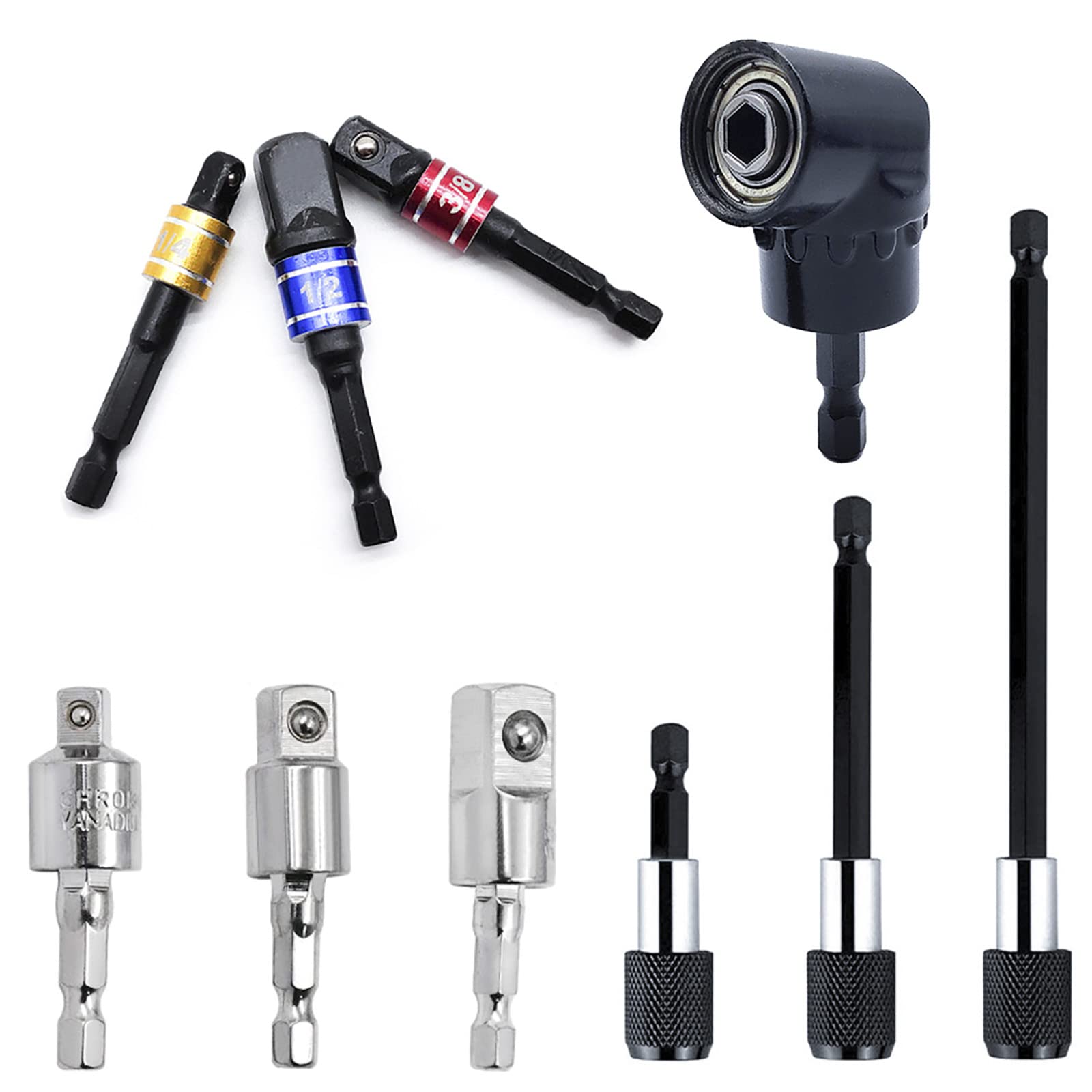 QISF10 Pcs Drill Bit Extension Set, 105°Right Angle Drill Attachment,Impact Socket Adapter Nut Driver Bit，Quick Release Hex Shank Magnetic Bit Holder，360° Rotation Impact Grade Socket Adapter（Silver）