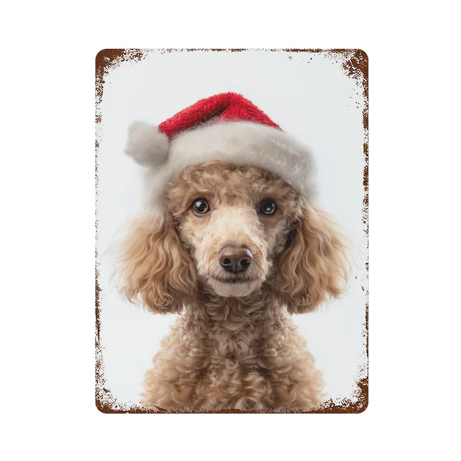 Christmas Poodle Dog with Santa Hat Rusty Metal Tin Sign 15.7"x11.8", Ideal for Farmhouse, Kitchen And Entryway Decor