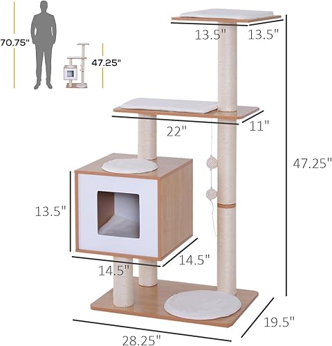 Miniatura 5 de PawHut Poste rascador de árbol para gatos moderno de 47 pulgadas con recinto de cueva de cubo, madera de roble y blanco