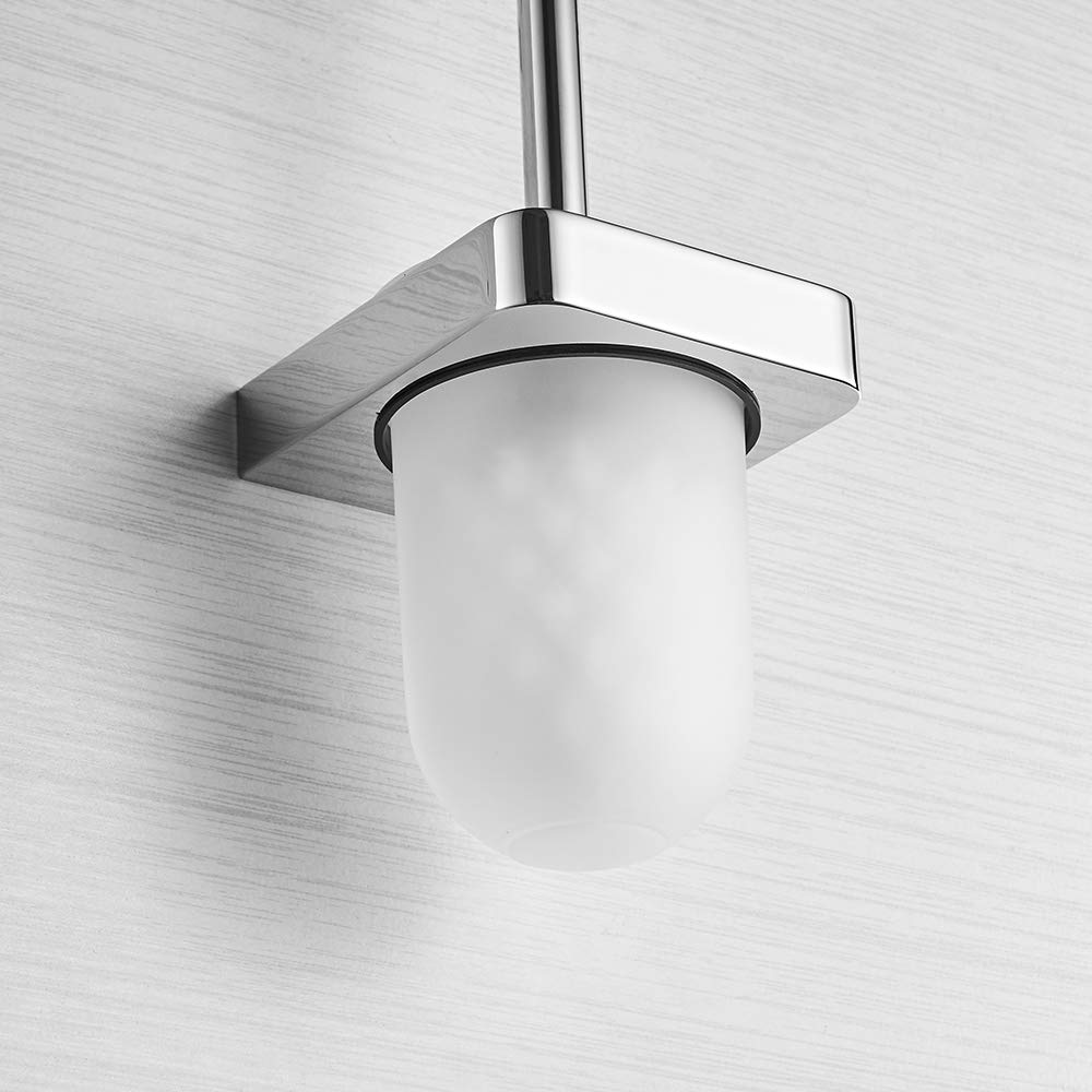 Uchwyt na szczotkę toaletową chromowany z matowym szklanym kubkiem Czysta ściana Akcesoria łazienkowe Szczotka toaletowa biała i chromowana, biała i chromowana, biał，White and Chrome