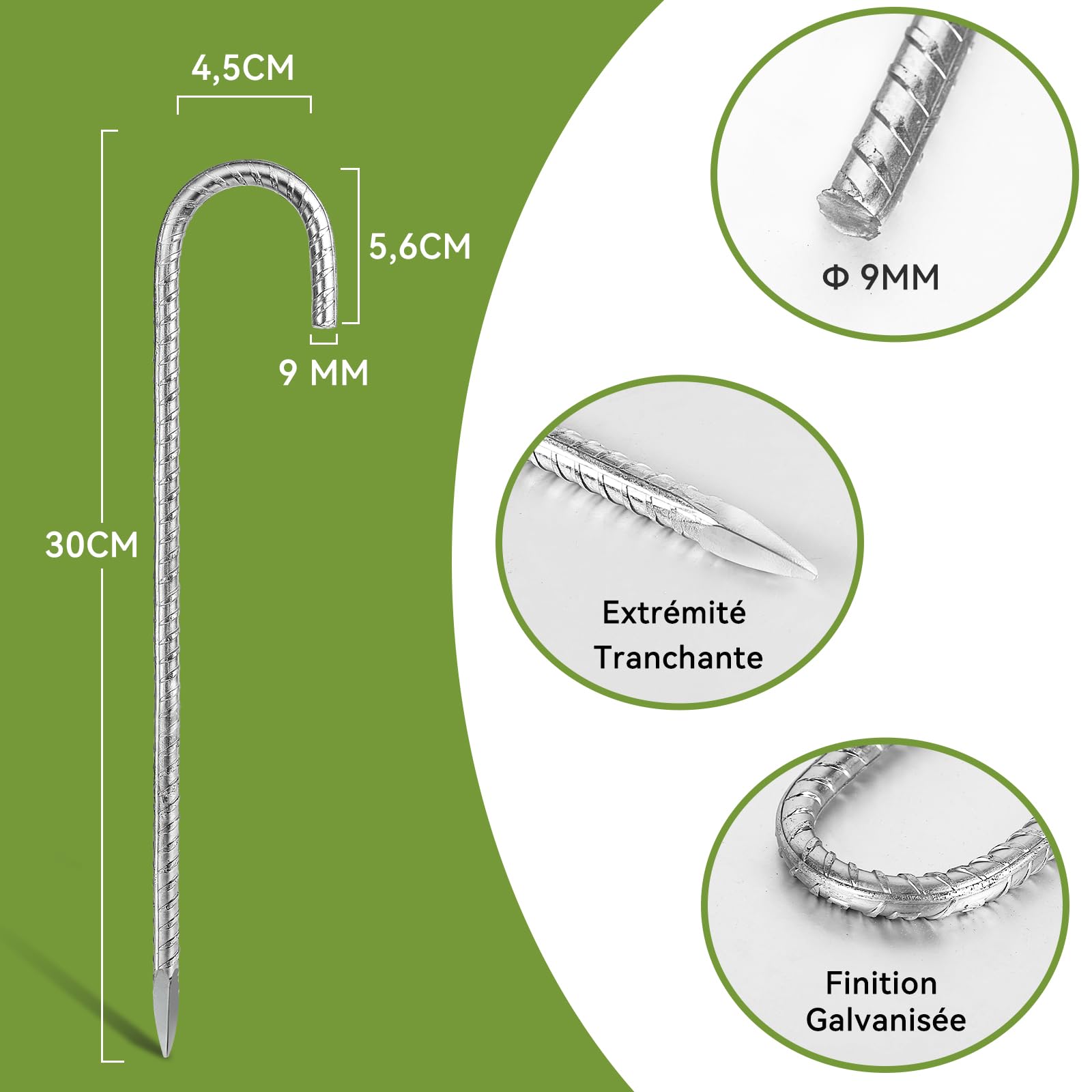 6Pcs 30cm Piquets d'ancrage Résistants en Acier Galvanisé Antirouille avec Crochets en J pour Tentes de Trampoline - Convient pour Camp, Jardin, Abri et Balançoires