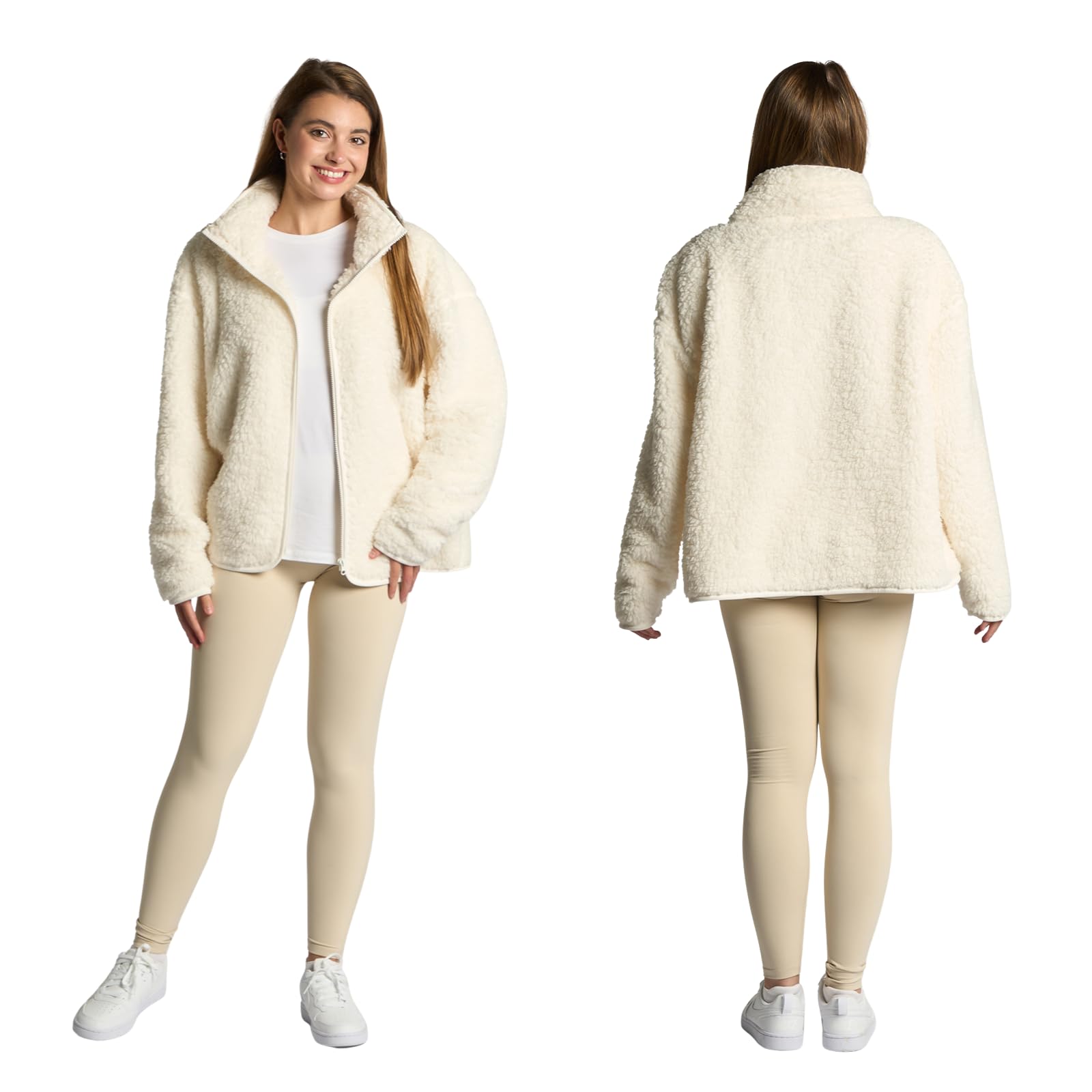 OHS Ladies Fleece Jackets Full Zip, Teddy Fleece Jacket Women Soft Cosy Warm Winter Women's Clothing Ladies Jackets Sweatshirt Fleece Top Long Sleeve Pullover for Travel Hiking, Cream - S/M