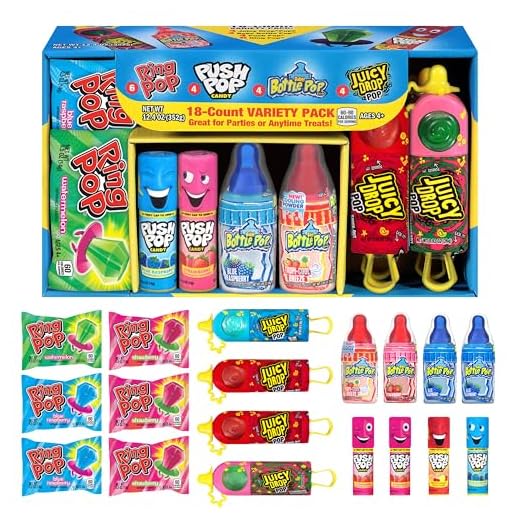 Bazooka Candy Brands Variety Candy Box - 18 Count Lollipops w/ Assorted Flavors from Ring Pop, Push Pop, Baby Bottle Pop & Juicy Drop - Fun Candy for Birthdays and Celebrations