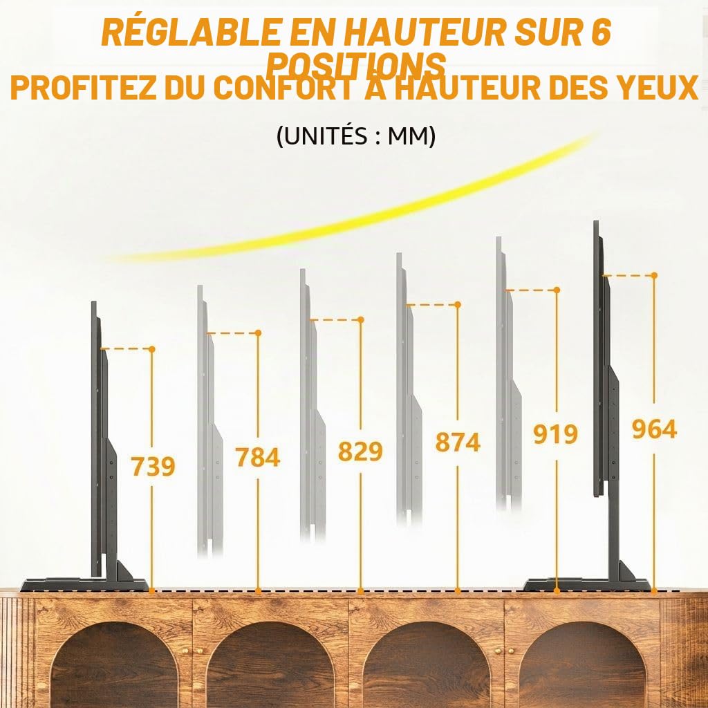 TVON Support TV de Table avec Pieds de TV Réglables en Hauteur, Base de Support TV avec Gestion des Câbles pour Téléviseurs 37 à 86 Pouces, Pieds en Acier Supportent jusqu'à 68 KG, VESA Max 800x600mm