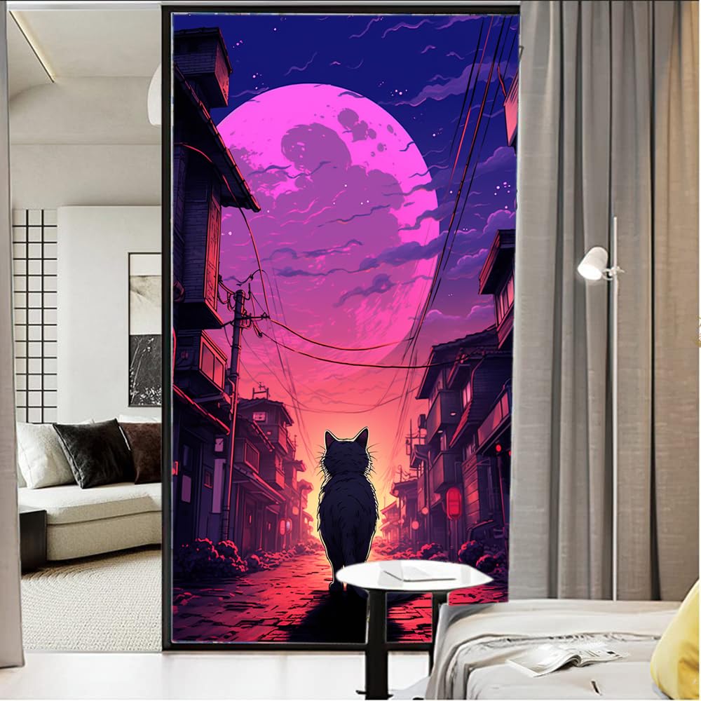 Abstrakte Katze, Buntglas-Fensterfolie, Retro-Stil, japanischer Stil, Tier, gehend, Mondlicht, dekorative Milchglas-Sichtschutzfolie, Hitzeregulierung, statisch haftende Fensteraufkleber, 80 x 120 cm