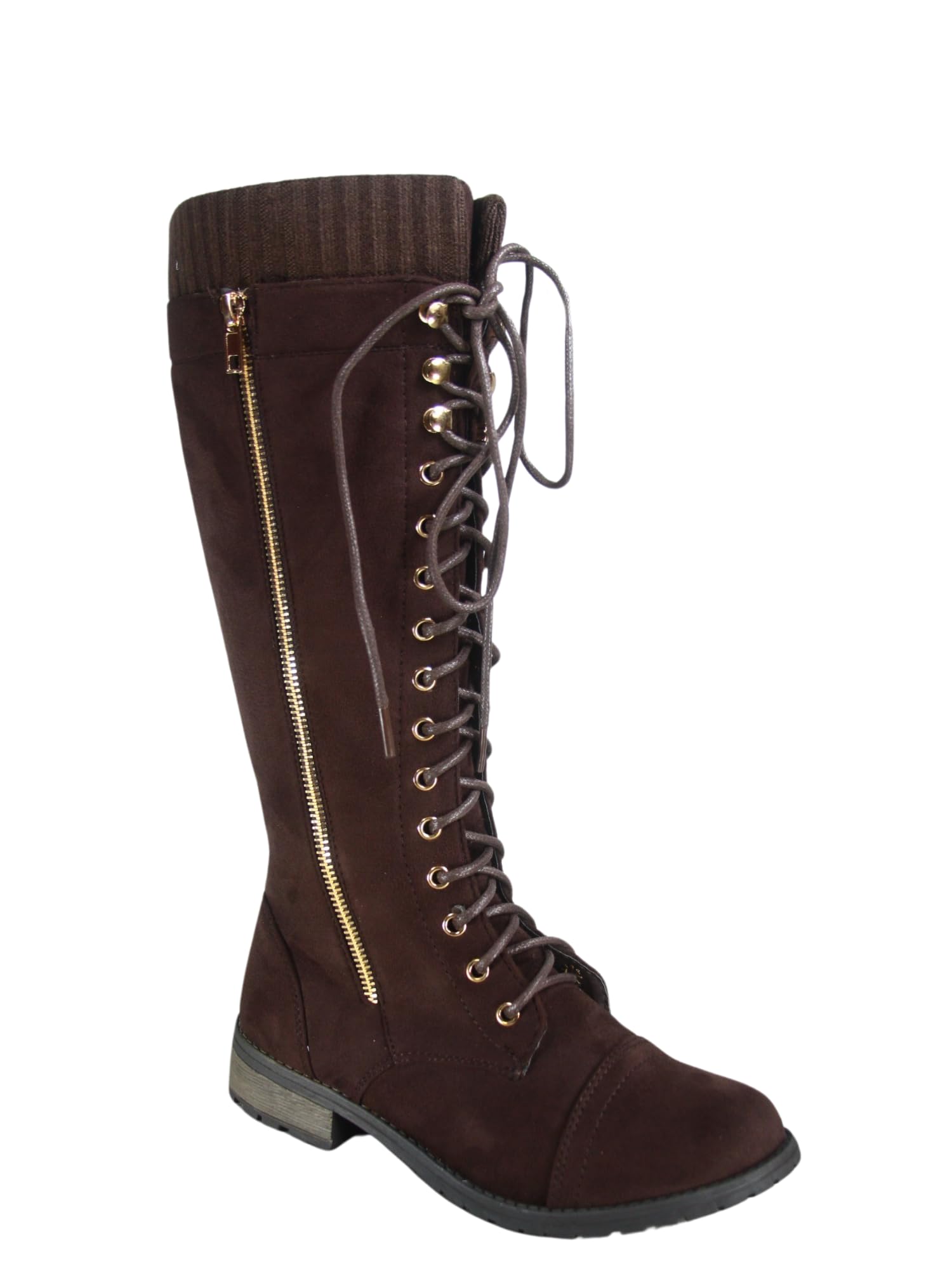 Forever Link Mango-92 Women's Lace-Up Knee High Combat Stacked Heel Boot Shoes. Brown sv 5.5